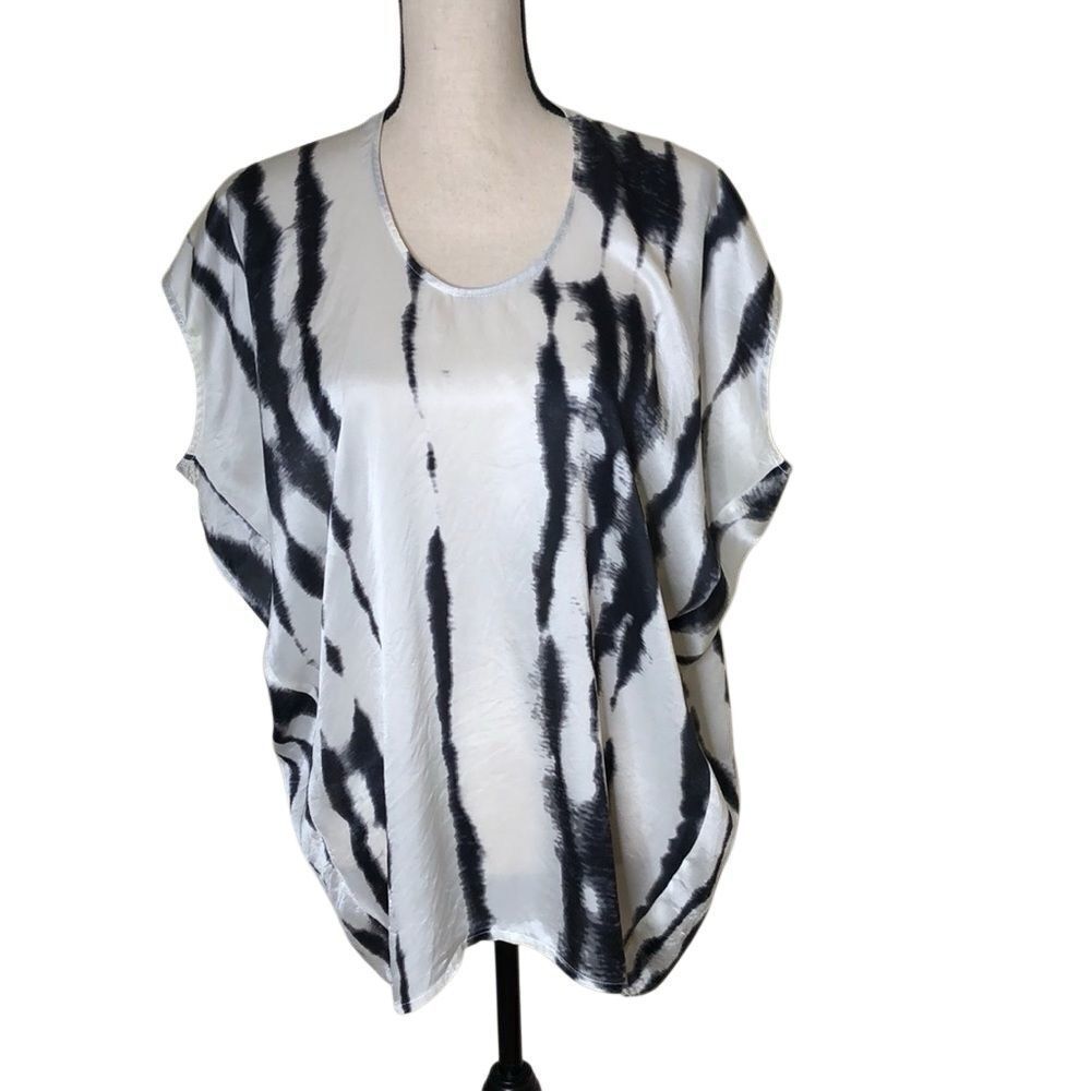 CAbi White & Black Silk Tie Dye Oversized Top Sz S, Boho Chic
